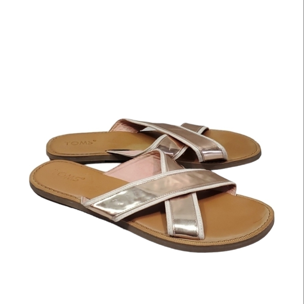 Toms Women Viv Rose Gold Slide Crisscross Sandals Flats shoes sz 10